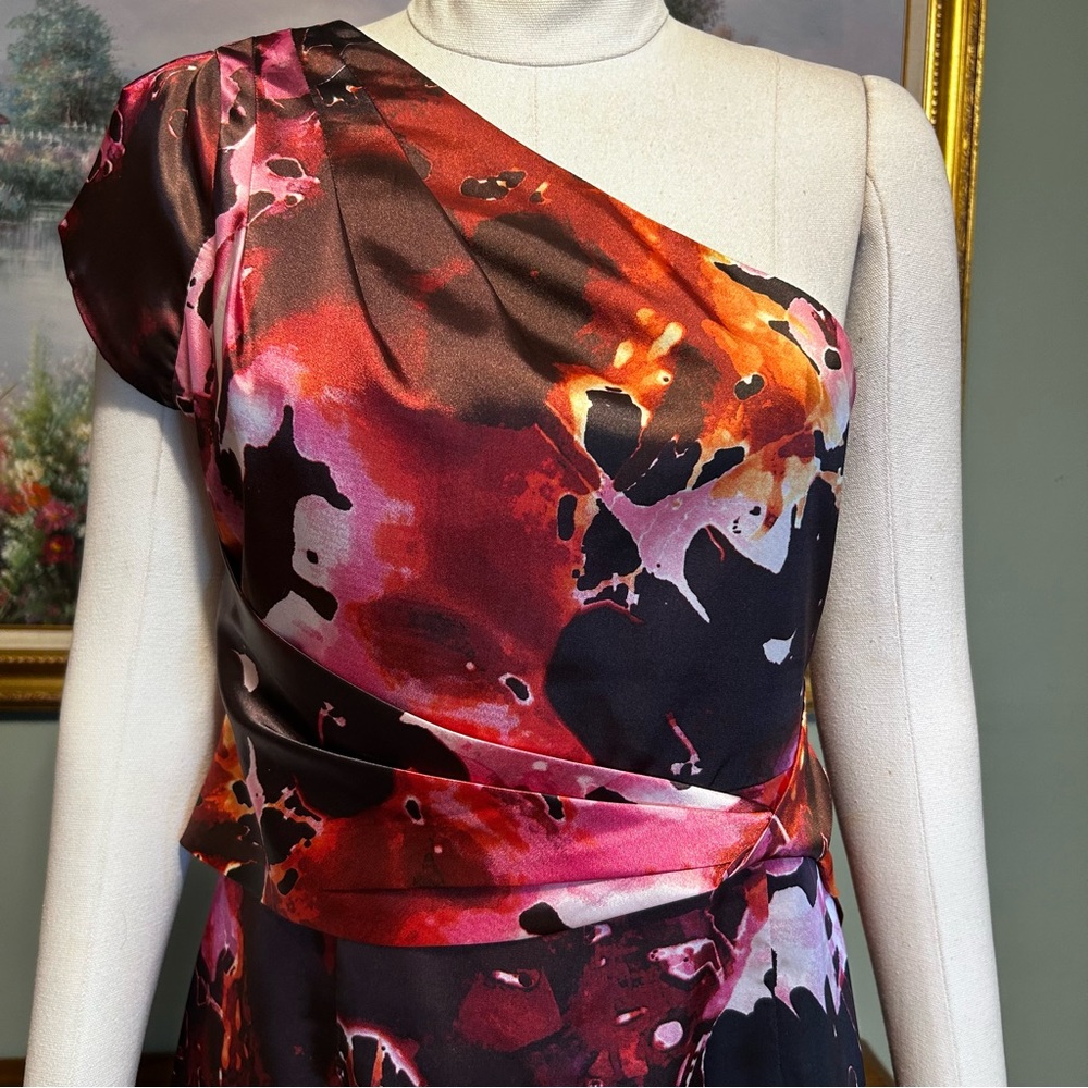 Tahari One Shoulder Black Purple Pink Lilac Danika One Shoulder Floral Dress - Picture 4 of 15